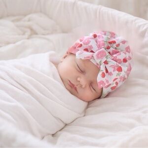 Sweet newborn strawberry Pink Floral Baby bow Hat